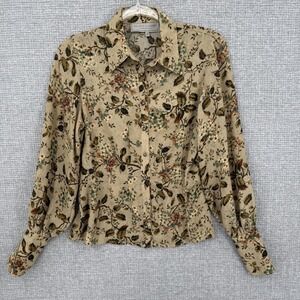 Double D Ranch Button-Up Womens XS Beige Floral Chiffon Lightweight Long Sleeve
